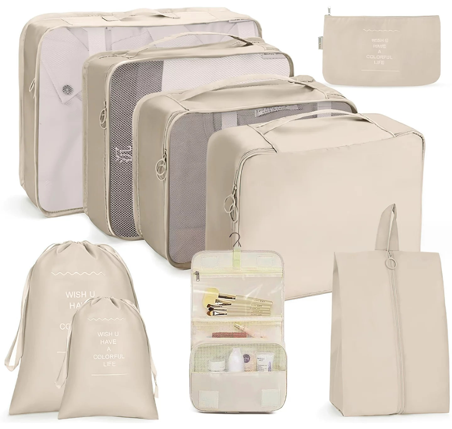 Packing Cubes 9 Set, Travel Packing Organizers for Suitcase Set Luggage Organizers for Suitcase Lightweight Travel Essential Bag with Large Toiletries Bag for Clothes Shoes, Beige