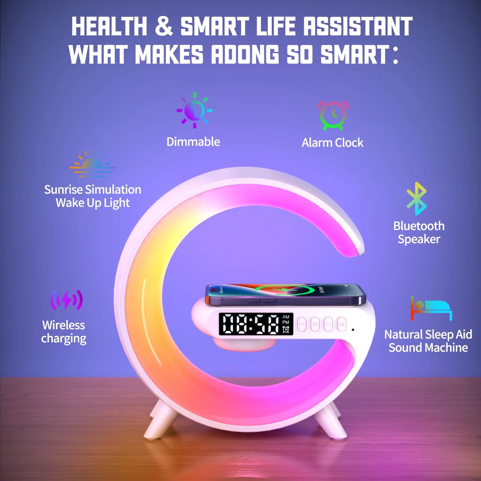 Sunrise Alarm Clock with Wireless Charging & Bluetooth Speaker, Adjustable Brightness Atmosphere Lamp Night Light for Bedside Dorm Office, Kids Adults Desk Table Lamp Gift(White)