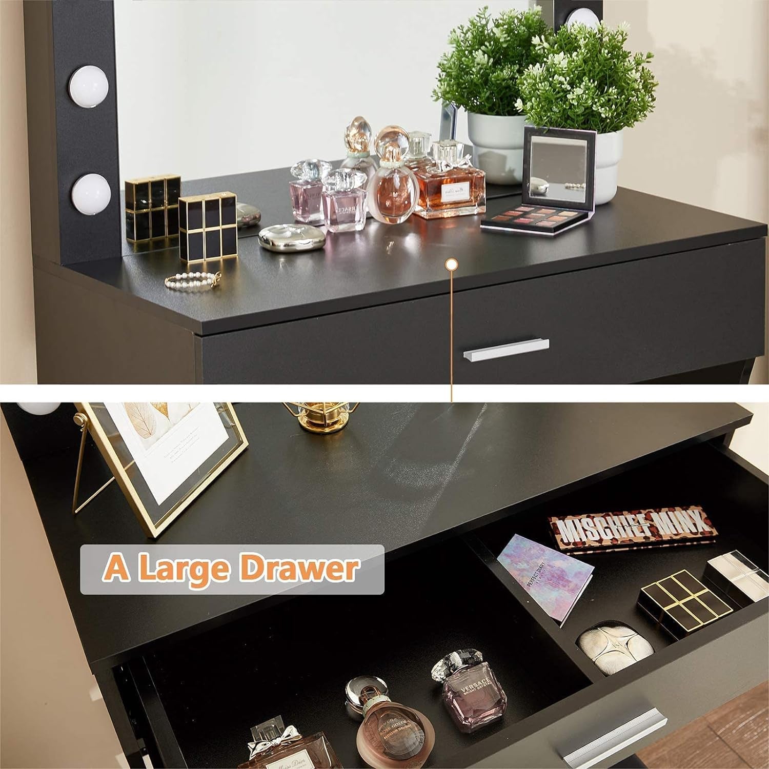 Vanity Desk, Makeup Vanity Desk Storage with Mirror, Lights for Bedroom (Black)