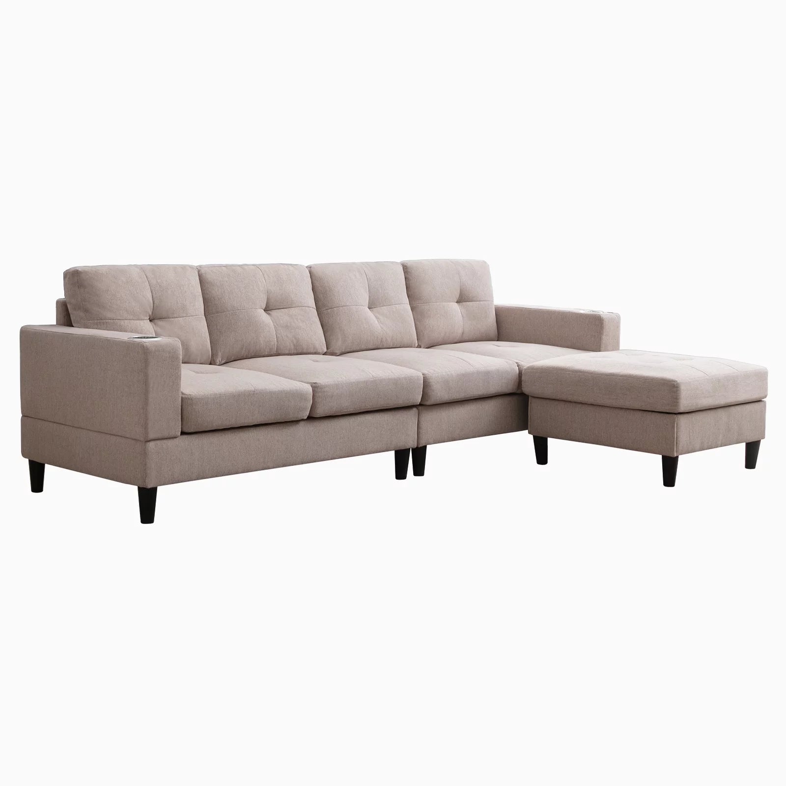 Reversible Sectional Sofa, 4 Seat L-Shape Sofa Couches for Living Room, Convertible Sectional Couch with Reversible Chaise, Modular Sectional Couch with 2 Cup Holders for Apartment, Dark Grey