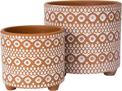 Set of 2 Terracotta Planter Pots, 4 Inch & 6 Inch, Modern Design Plants Pot with Drainage Hole, Terracotta/White, 31-953-B-1