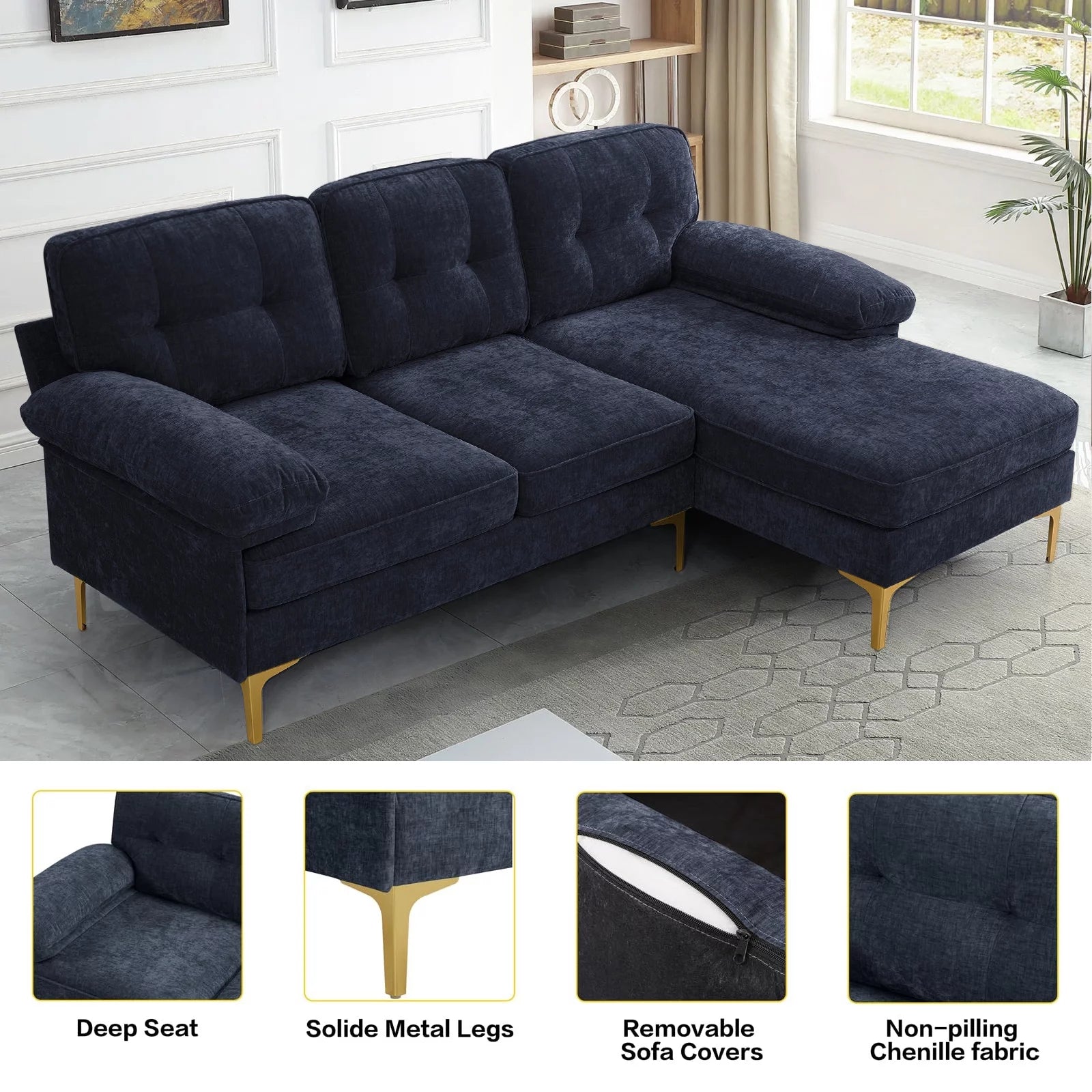 Convertible Sectional Sofa Couch, Convertible L Shaped Couch with Reversible Chaise, Sectional Couch for Small Space Apartment, 3 Seater, Dark Blue