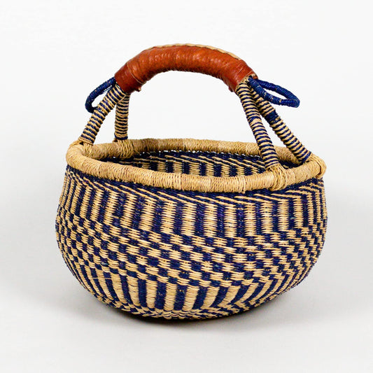 Market Basket, Handmade in Ghana by Women Artisans, Natural + Midnight Color (LARGE Midnight + Natural) (16"-18" Diameter X 9"-10" H) (1 Basket)