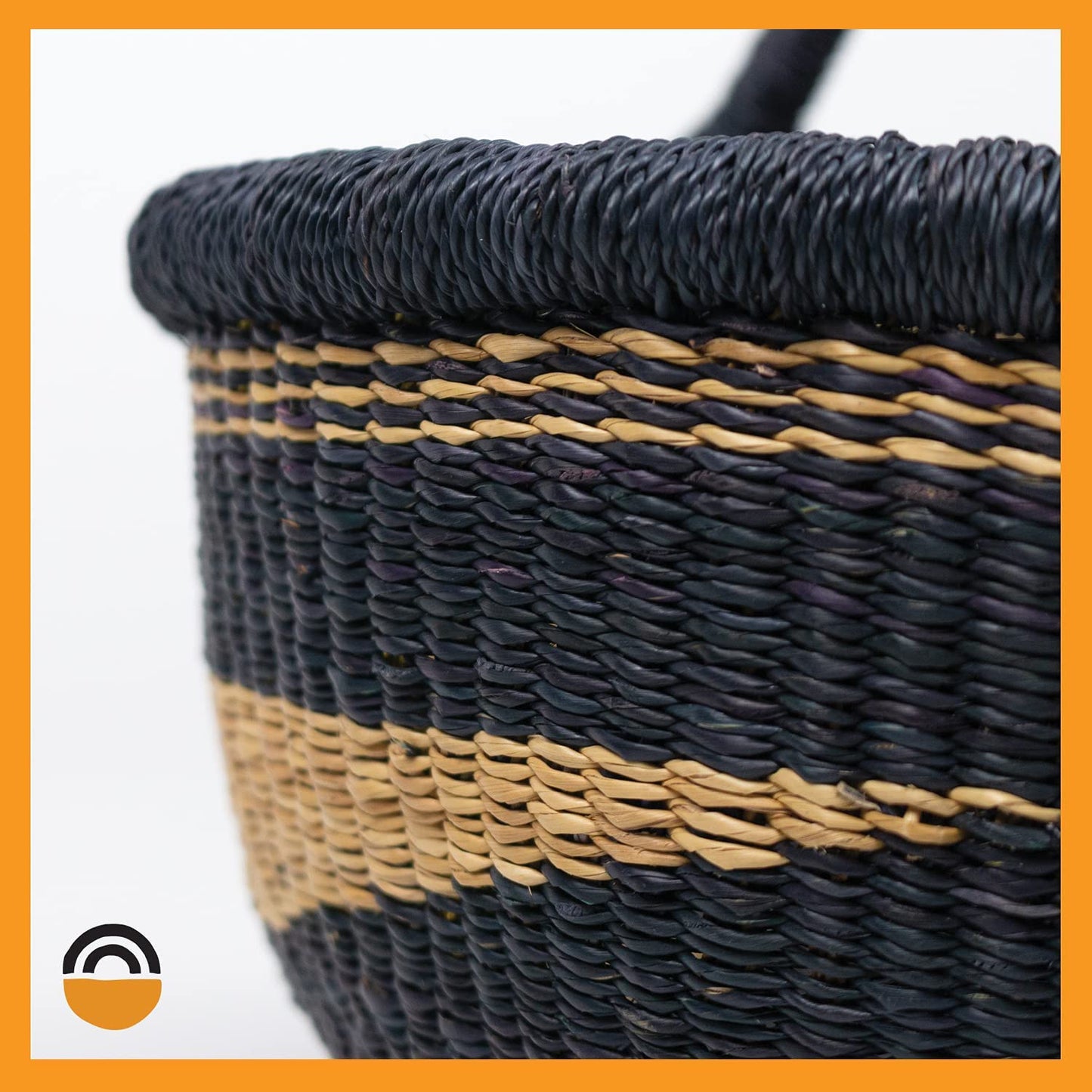 Market Basket, Handmade in Ghana by Women Artisans, Natural + Midnight Color (LARGE Midnight + Natural) (16"-18" Diameter X 9"-10" H) (1 Basket)