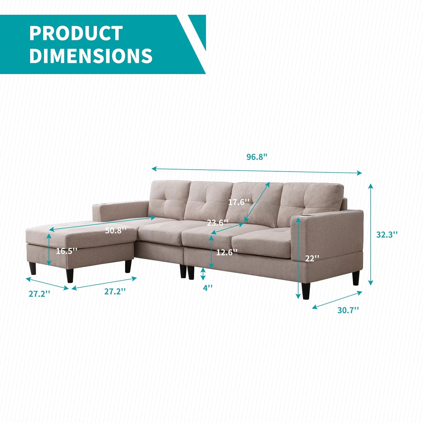 Reversible Sectional Sofa, 4 Seat L-Shape Sofa Couches for Living Room, Convertible Sectional Couch with Reversible Chaise, Modular Sectional Couch with 2 Cup Holders for Apartment, Dark Grey