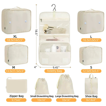 Packing Cubes 9 Set, Travel Packing Organizers for Suitcase Set Luggage Organizers for Suitcase Lightweight Travel Essential Bag with Large Toiletries Bag for Clothes Shoes, Beige