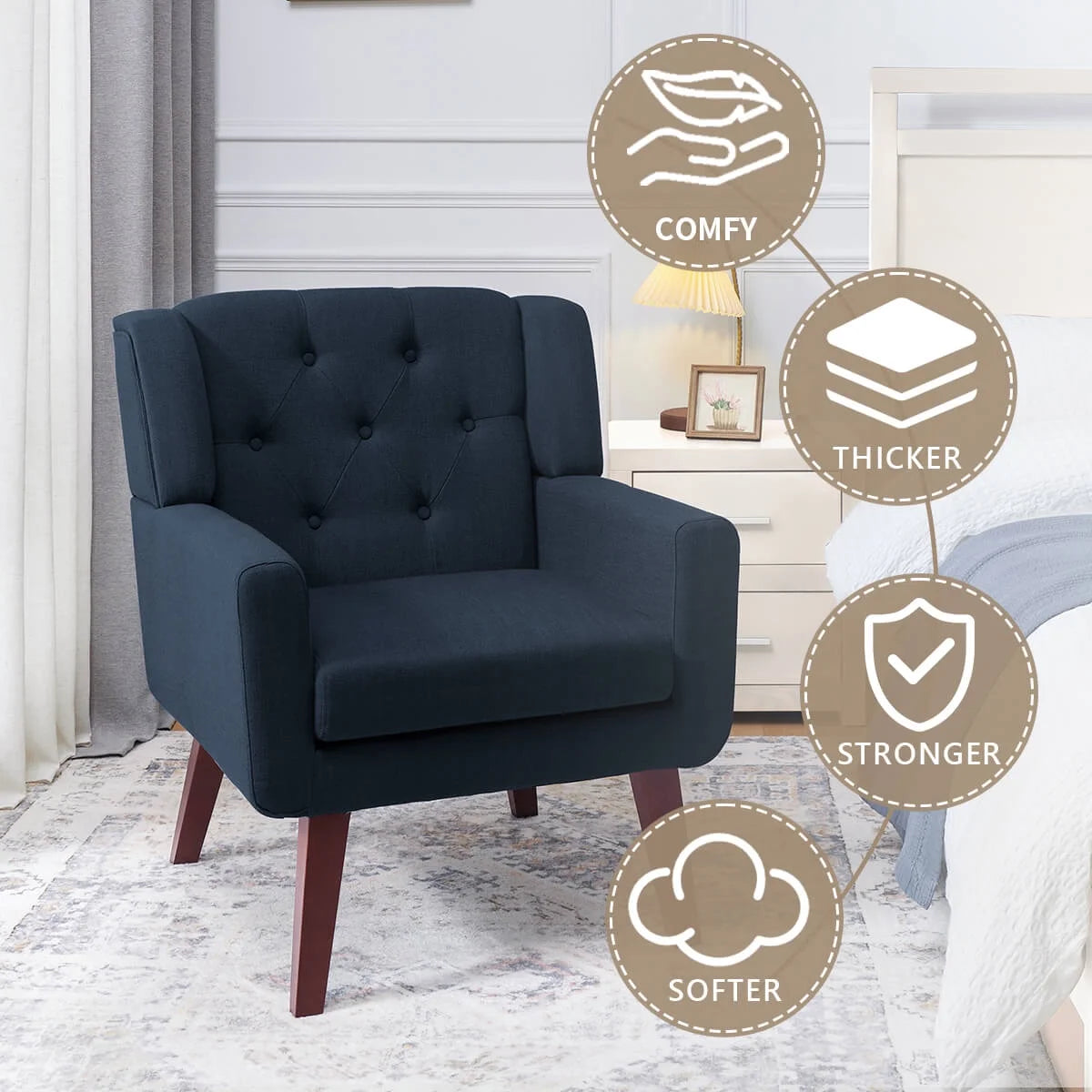 Accent Chair, Comfy Upholstered Mid Century Modern Armchair, Button-Tufted with Linen Fabric Lounge Arm Chairs for Living Room Bedroom (Beige)