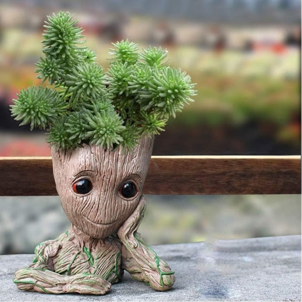 6" Baby Groot Pen Pot Tree Man Flower Pot with Drainage Hole Perfect for Succulents Plants or Pen Pot Pens Holder, Best Gift Idea(Meditation)