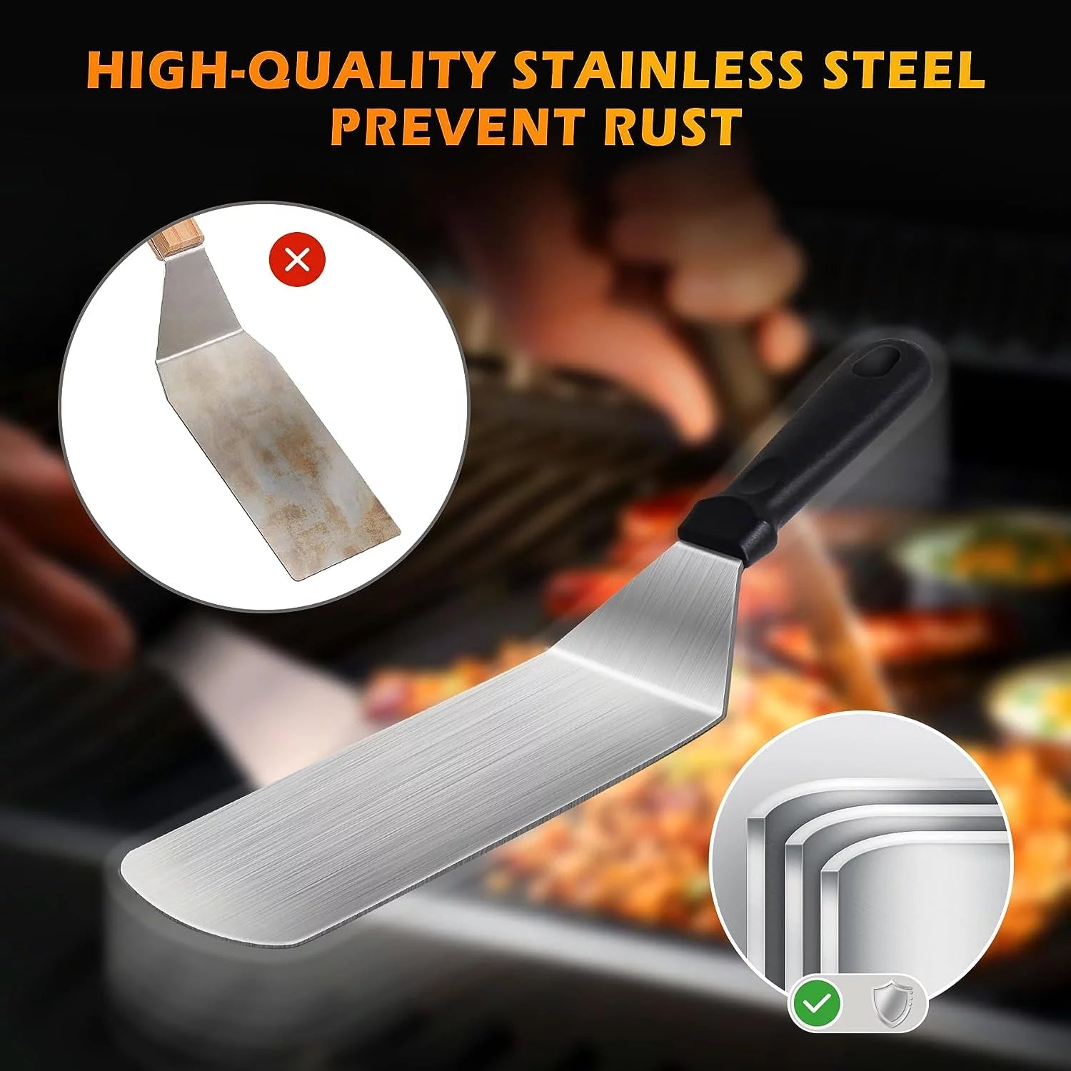 Grill Accessories, Stainless Steel Grip Barbecue Accessories for Outdoor Camping, 15 Flat Top Griddle Accessories Kit with Spatula, Basting Cover, Scraper,Bottle,Tongs,Egg Rings & Carry Bag