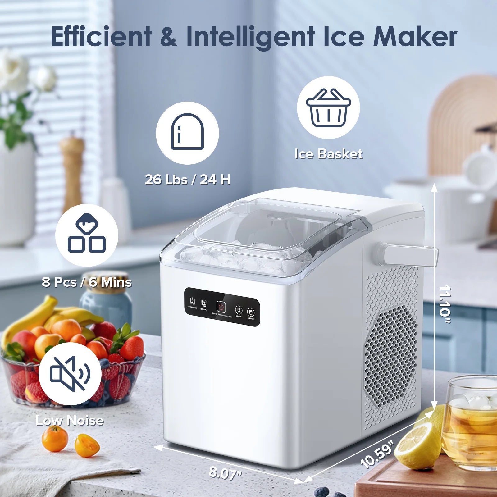 Countertop Portable Ice Maker, Self-Cleaning with Handle, Ice Scoop, 2 Sizes of Bullet Ice Cubes,For Home/Kitchen/Office-White