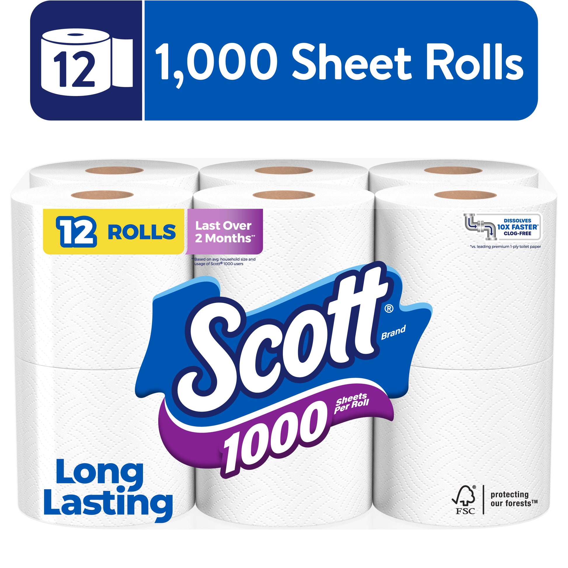 (6 Pack)  1000 Toilet Paper, 12 Rolls, 1,000 Sheets per Roll