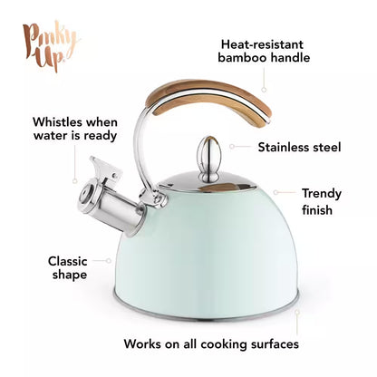 Pinky up Presley Pistachio 70 Oz. Tea Kettle, Stovetop Induction Stainless Steel Whistling Kettle