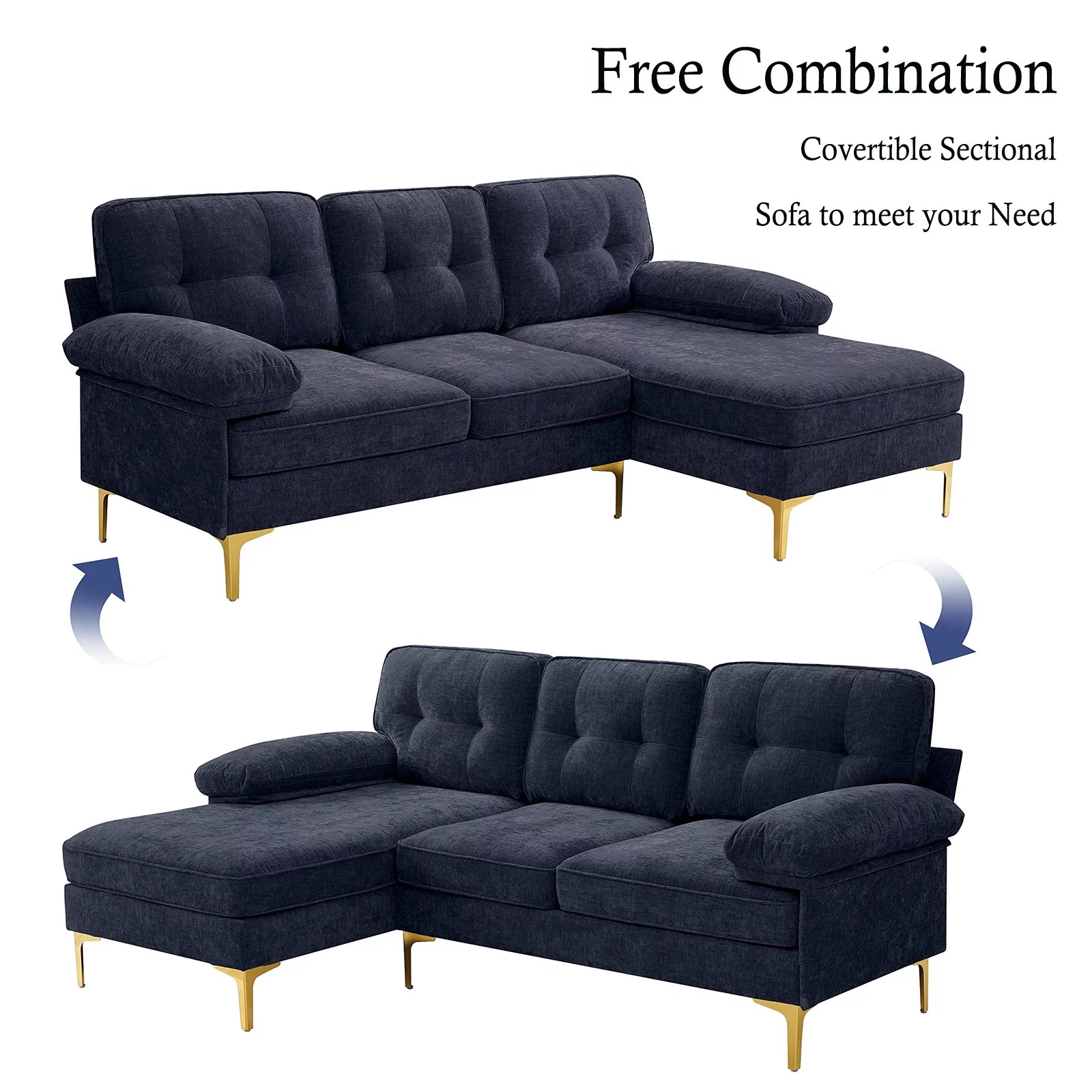 Convertible Sectional Sofa Couch, Convertible L Shaped Couch with Reversible Chaise, Sectional Couch for Small Space Apartment, 3 Seater, Dark Blue