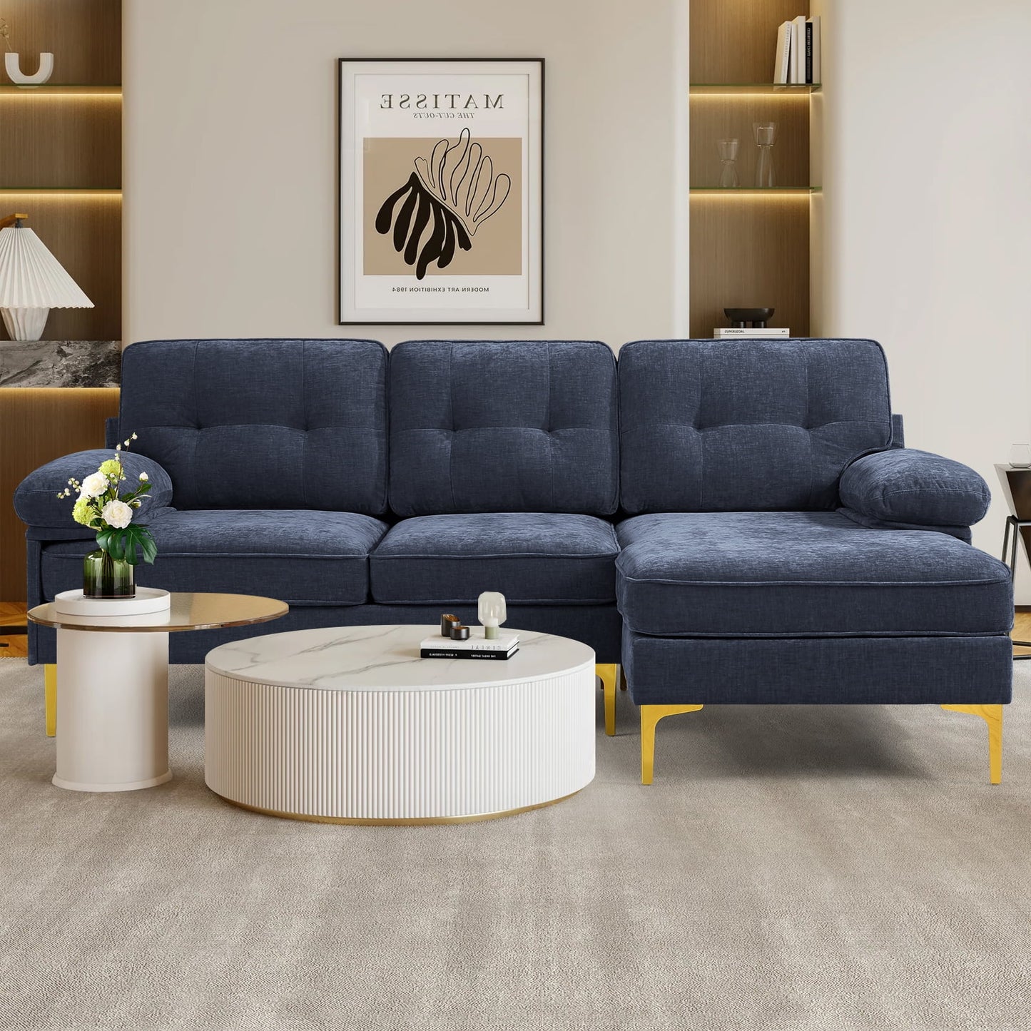 Convertible Sectional Sofa Couch, Convertible L Shaped Couch with Reversible Chaise, Sectional Couch for Small Space Apartment, 3 Seater, Dark Blue