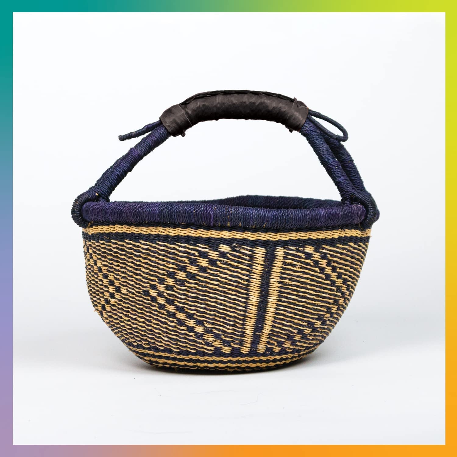 Market Basket, Handmade in Ghana by Women Artisans, Natural + Midnight Color (LARGE Midnight + Natural) (16"-18" Diameter X 9"-10" H) (1 Basket)