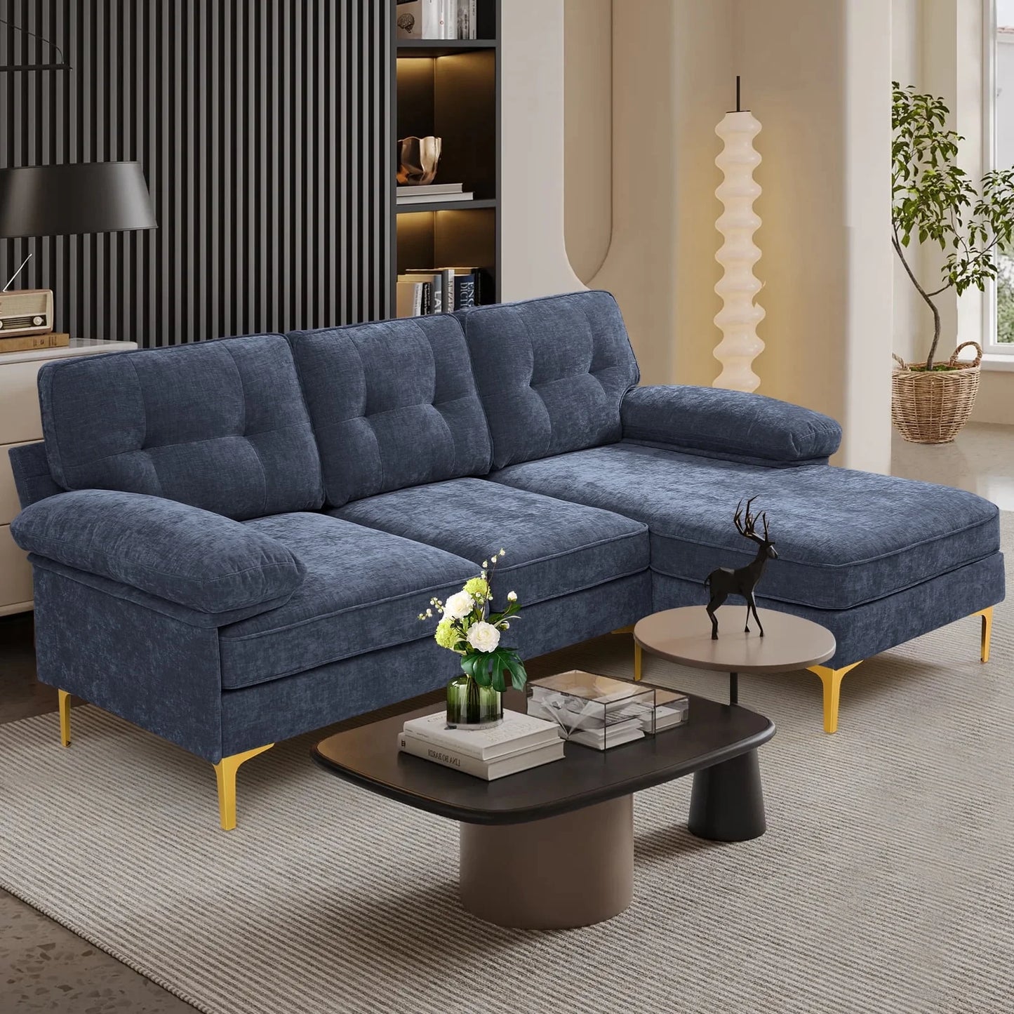 Convertible Sectional Sofa Couch, Convertible L Shaped Couch with Reversible Chaise, Sectional Couch for Small Space Apartment, 3 Seater, Dark Blue